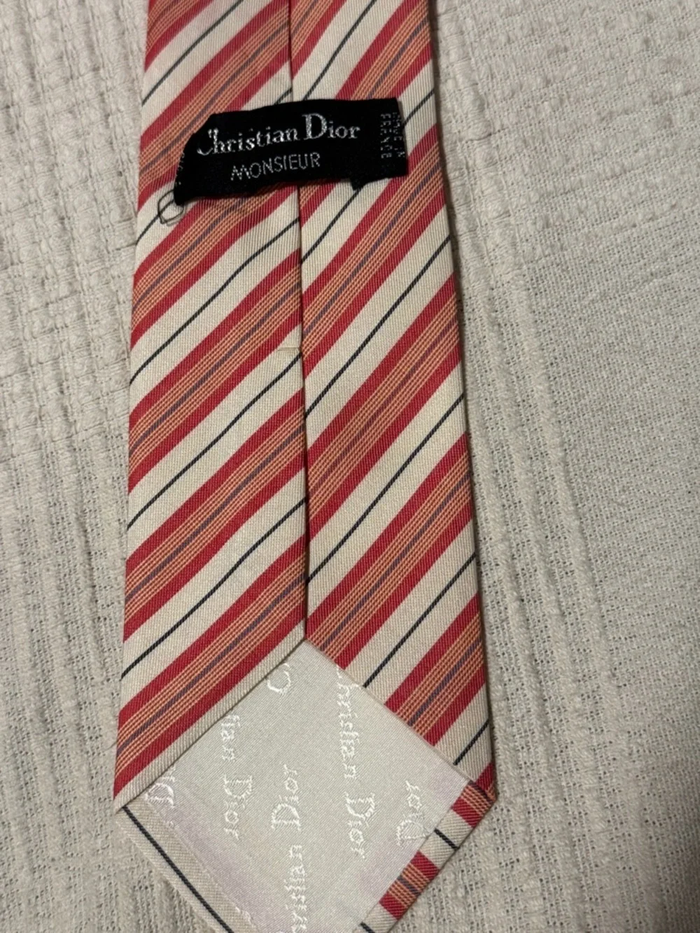 Vintage Christian Dior Monsieur Tie - Cream Coral Salmon Stripe Made France